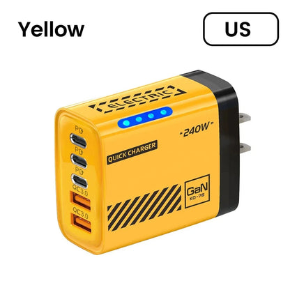 240W GaN Fast Charger 5 Ports 3USB C 2USB QC3.0 Quick Charge Plug Travel Wall Charger for iPhone Samsung Xiaomi Tablet EU/US/UK