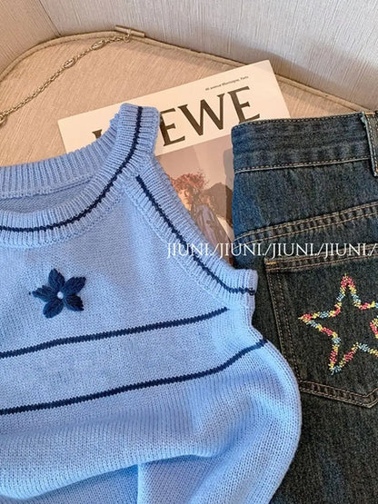 Women's Clothing Fashionable Slim O-neck Knitted Tanks Summer Sexy Chic Geometric Embroidery Sleeveless Tops