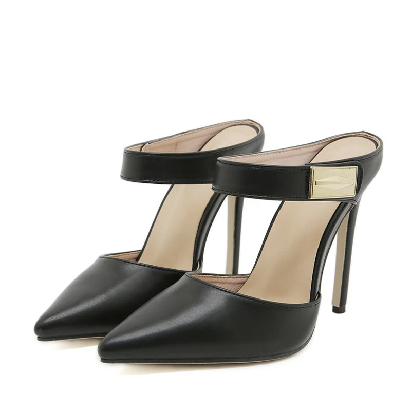 Liyke Fashion Design Metal Decoration Strap Women Pumps Slippers Cozy Leather Pointed Toe Black High Heels Shoes Stiletto Sandal