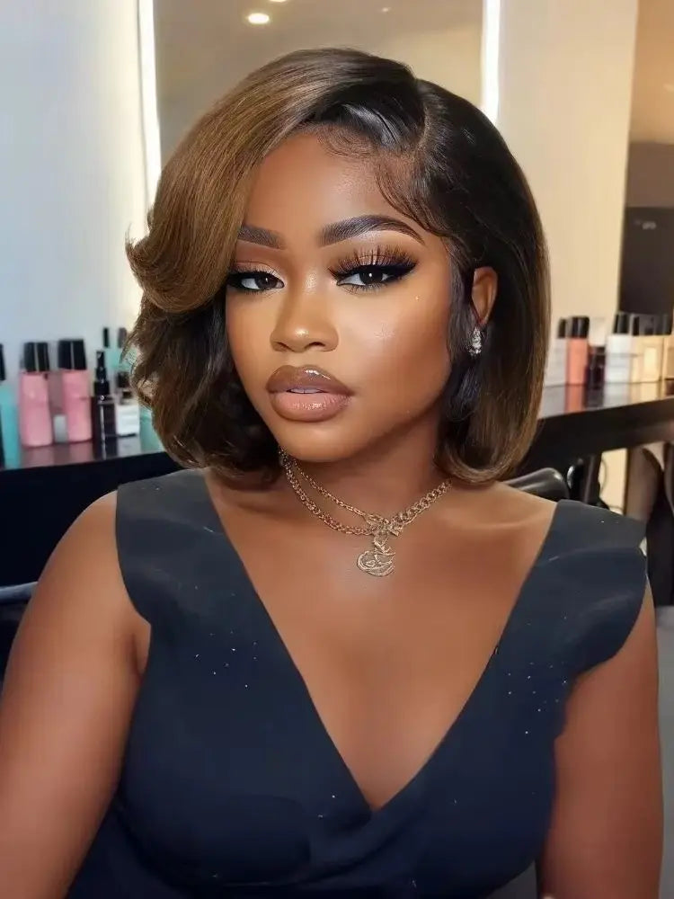 Glueless Bob Soft Preplucked Ombre Brown Lace Front Wig For Women 14Inch 180Density Straight Synthetic With Baby Hair Daily