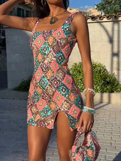 Mozision Multicolour Pattern Sequins Sexy Mini Dress Women Fashion Square Collar Sleeveless Backless Sparkle Club Party Dresses