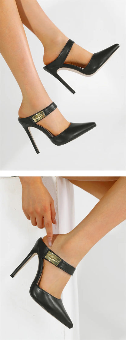 Liyke Fashion Design Metal Decoration Strap Women Pumps Slippers Cozy Leather Pointed Toe Black High Heels Shoes Stiletto Sandal