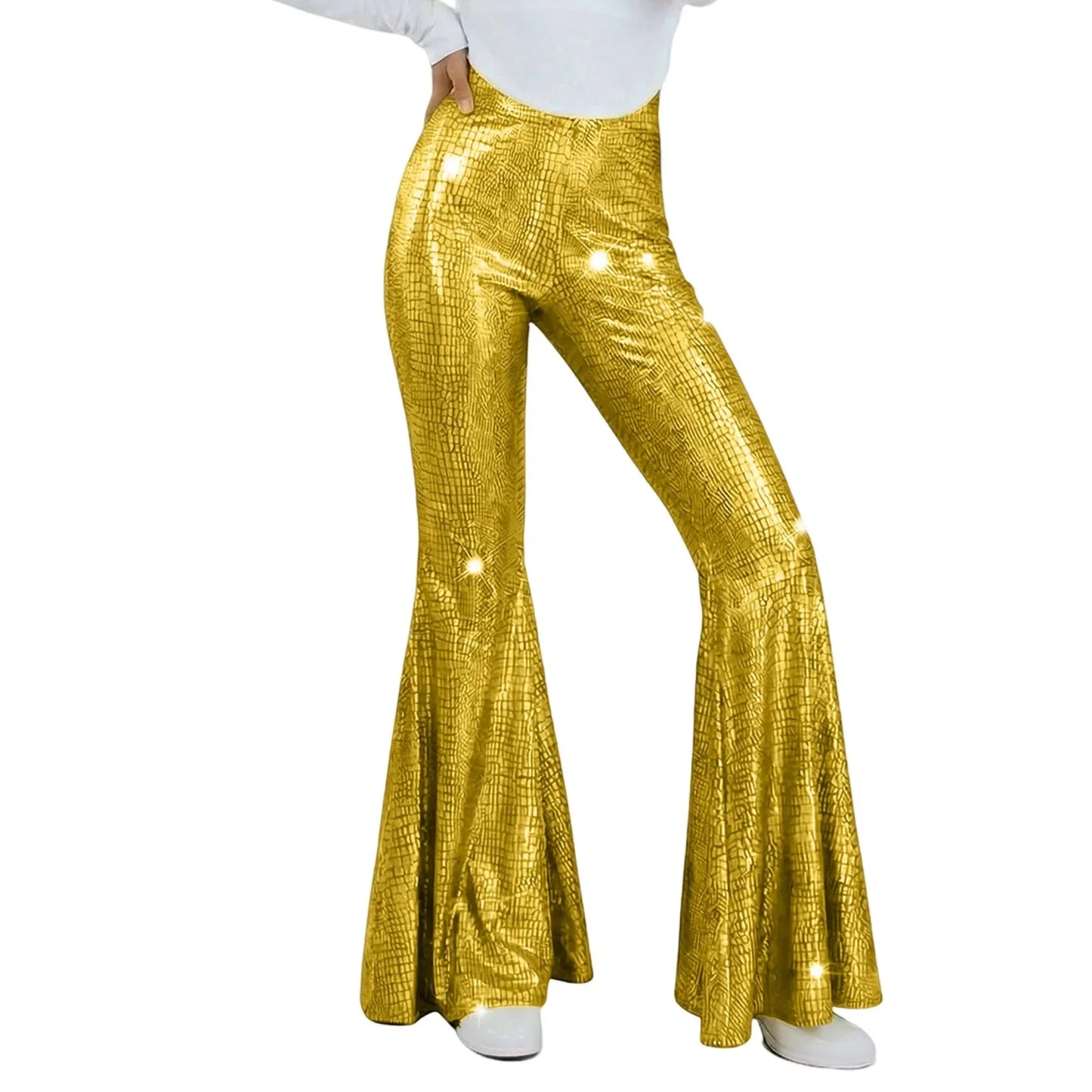 Sequin Women Flared Pants High Waist Shiny Disco Party Trousers Loose Fit Dance Club Stretchy Bell Bottom Wide Leg Trousers New