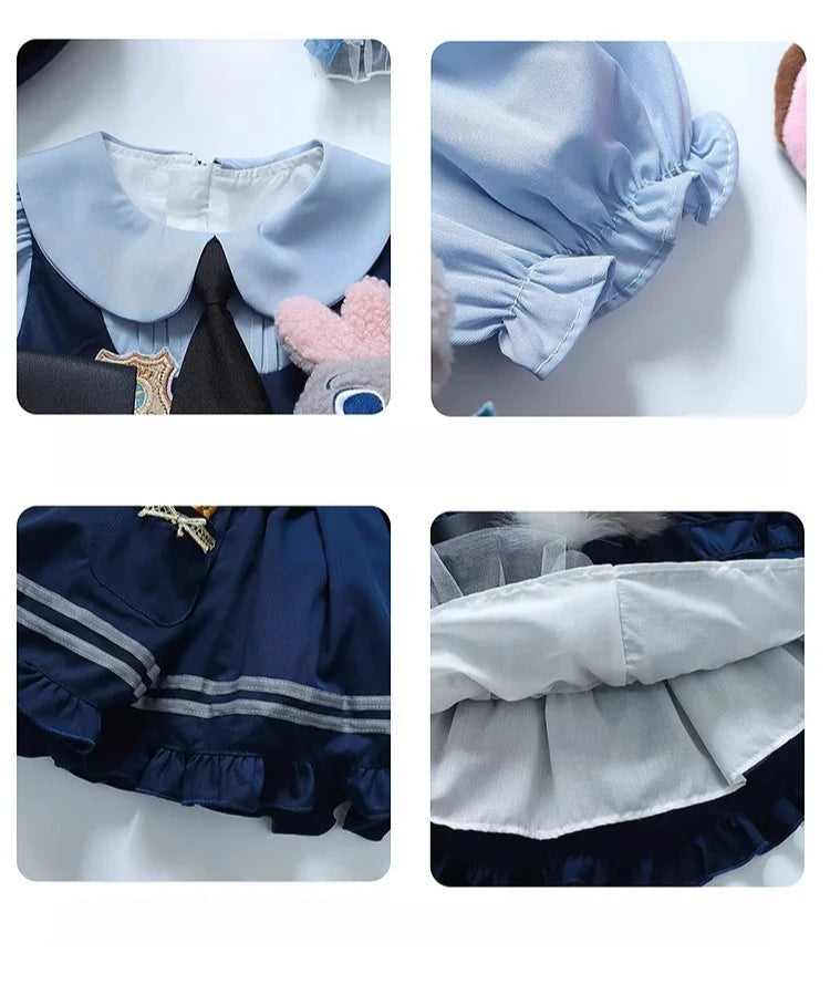 Girl Cosplay Judy Hopps Police Officer Dress Ear Sheriff Hat Bunny Costume Kids Dress Up Halloween Rabbit Disguise Dress Outfits