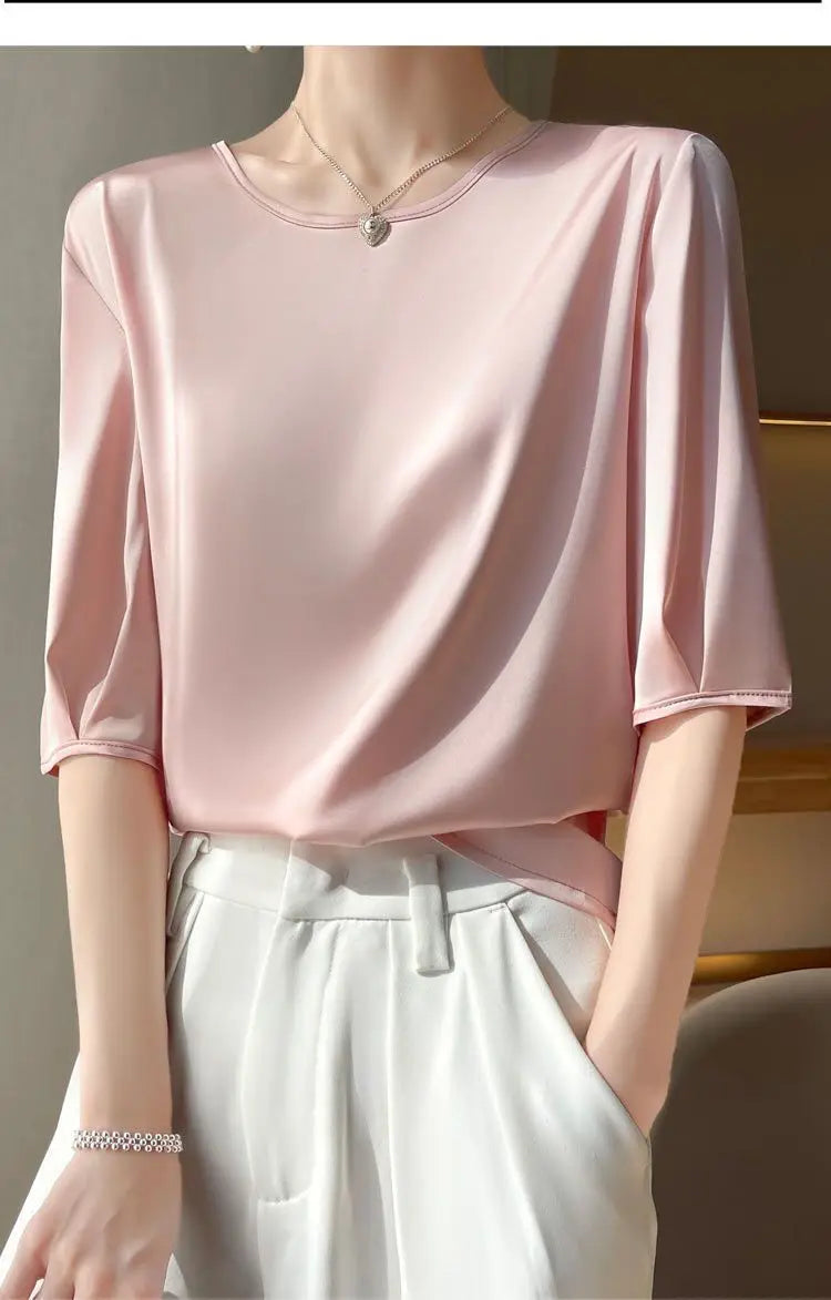 Summer satin Women Blouse Silky Loose Woman Shirt lady's half Sleeve tops Casual solid t-shirt O-Neck pullover women's clothing