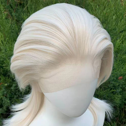 White Blonde Lace Front Wigs for Women 13×4 Glueless Wolf Tail Synthetic Hair Wig Heat Resistant Cosplay Wig for Men