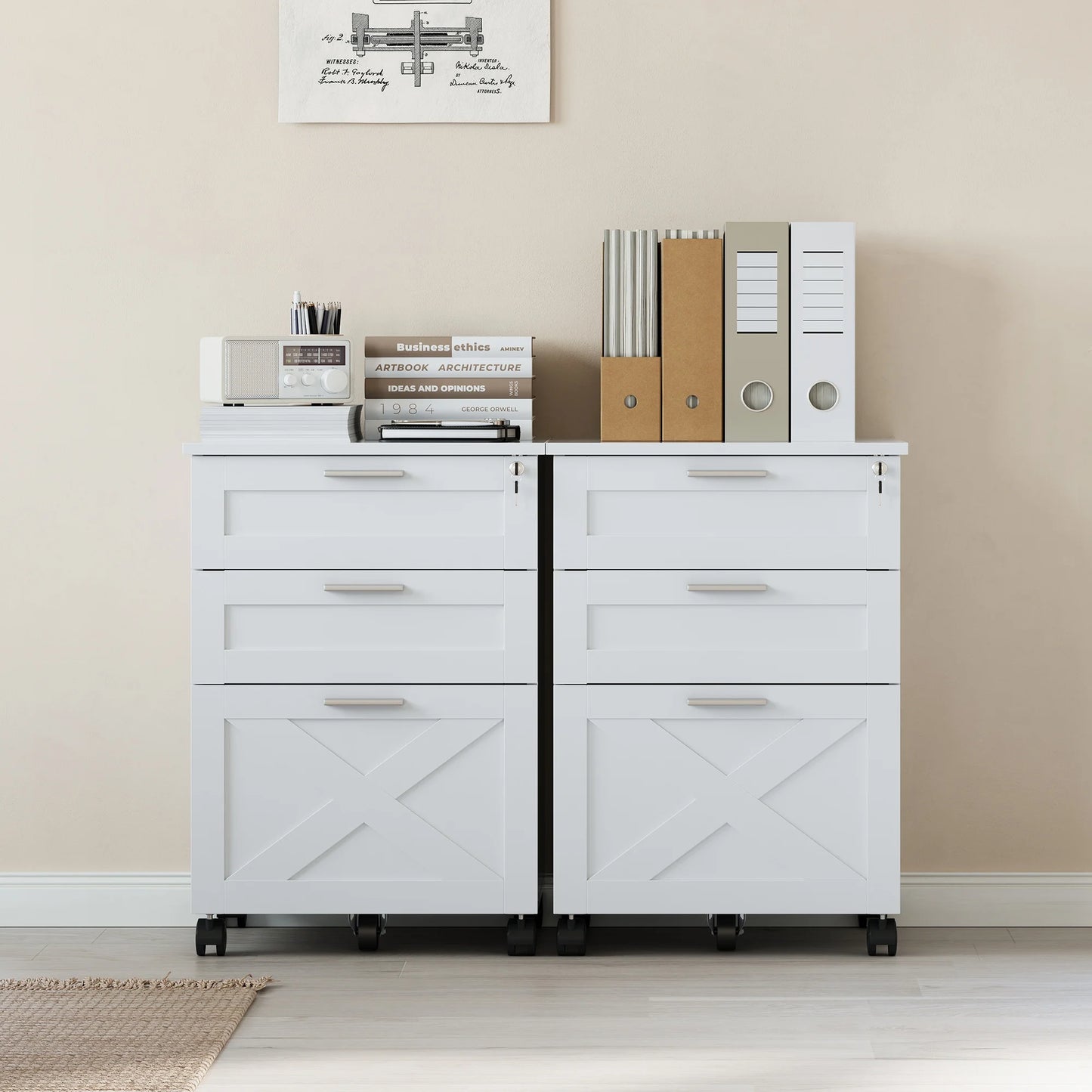 3 Drawer Rolling File Cabinet with Lock & Casters, Wooden Mobile Storage Organizer Printer Stand, Fits A4/Letter for Home Office