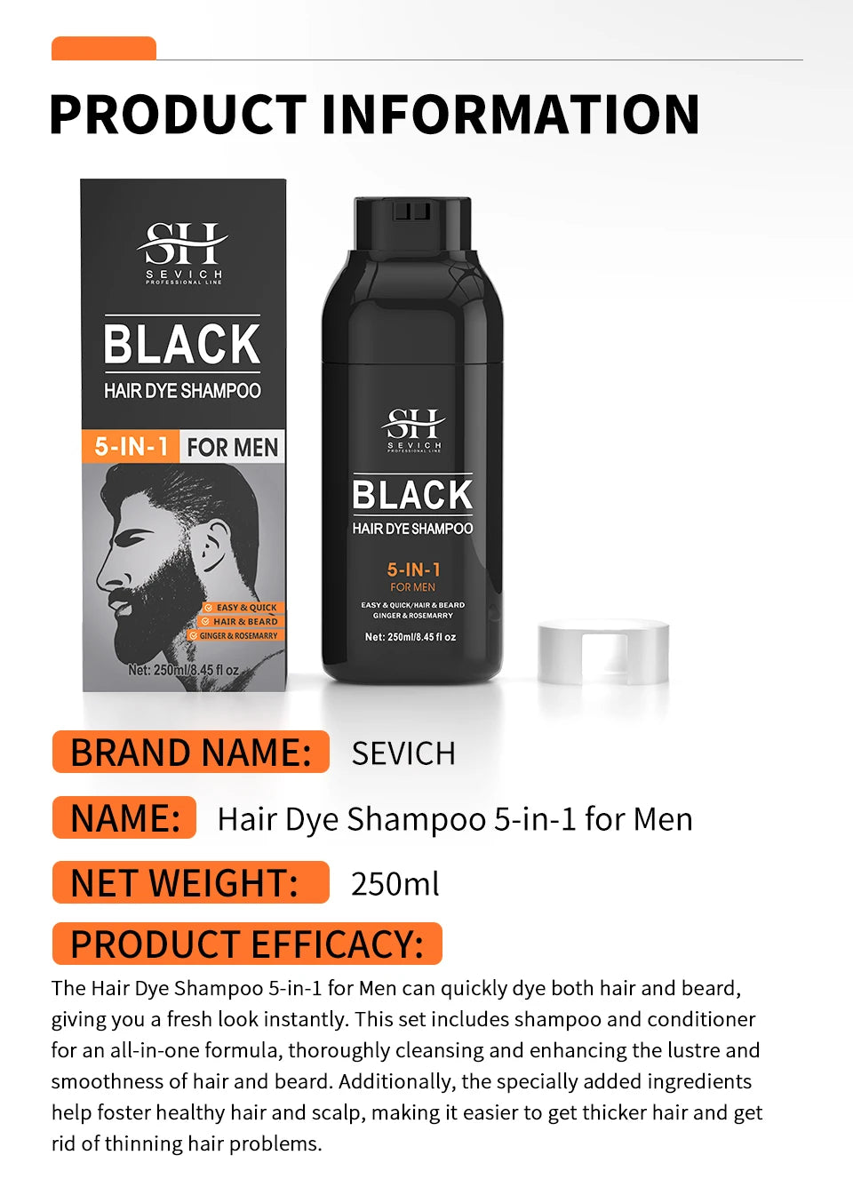 Sevich Hair Dye Shampoo 5 In 1 For Men Black Hair Dye Shampoo Beard Color Dye Cream To Cover Gray White Hair Darkening Shampoo