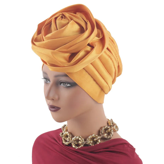 Raw Silk Big Rose Flower African Turban Caps for Women Headwear Head Wraps Nigerian Wedding Geles Party Headgear Bonnet
