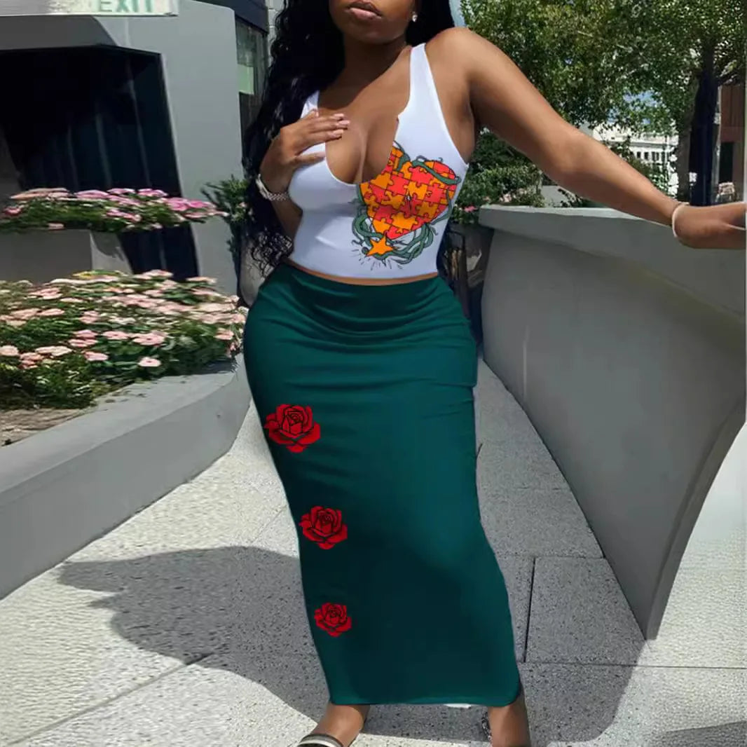 Summer Street Style Streetwear Tank Top And Long Skirt Set Women's Sleeveless Casual Outfit 50%-70% Spandex Comfortable Fit
