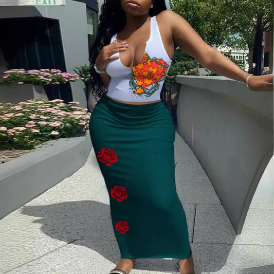 Summer Street Style Streetwear Tank Top And Long Skirt Set Women's Sleeveless Casual Outfit 50%-70% Spandex Comfortable Fit