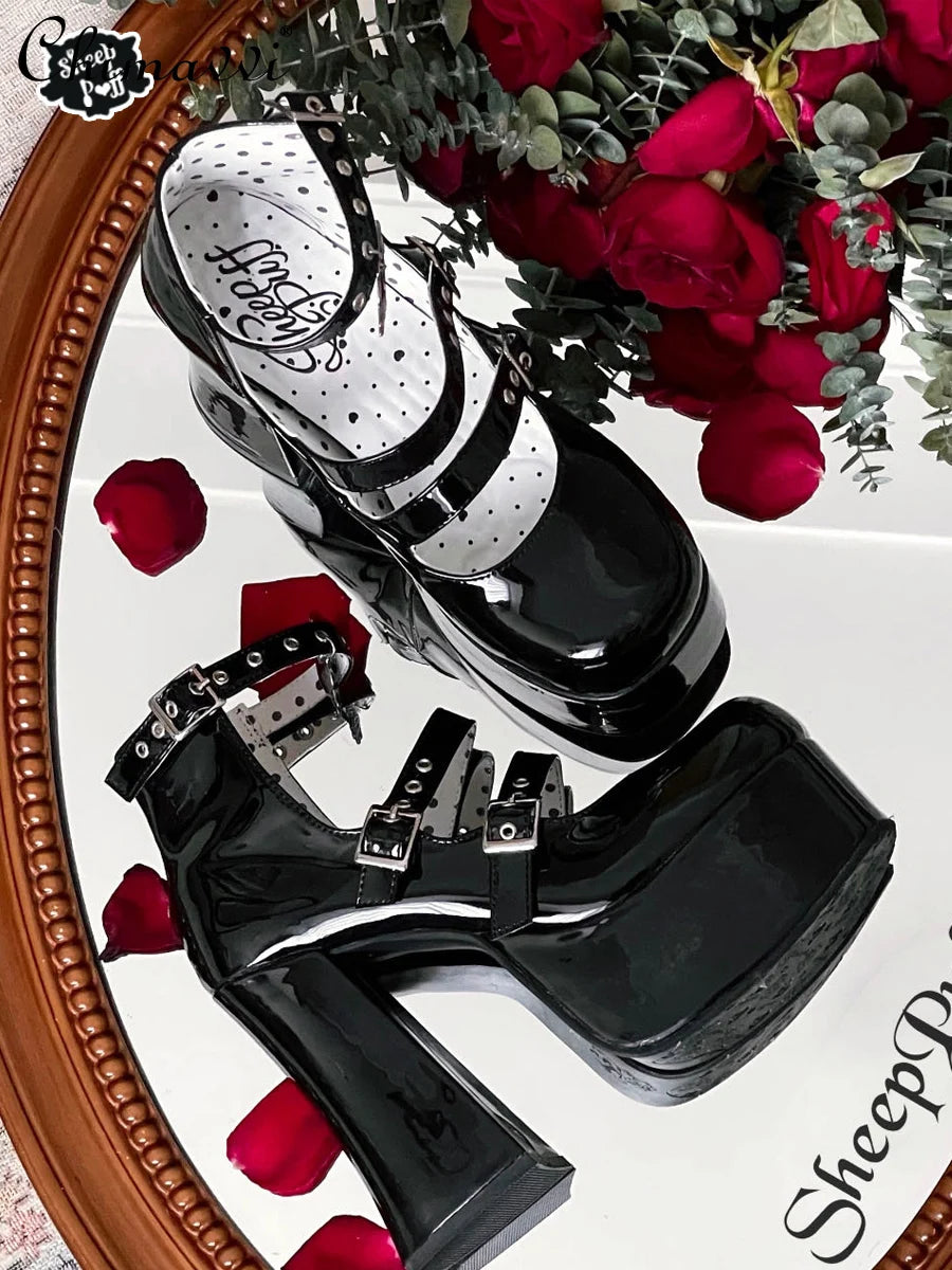 Original Sweet Ladies Elegant Waterproof Platform Leather Shoes Cool Hot Girl High Heels Mary Jeans Chunky Heel Pumps for Women