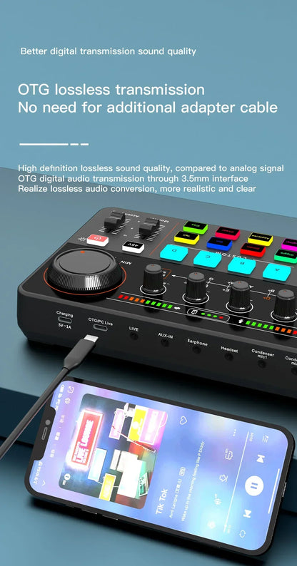 48V Phantom Power Professional Live Sound Card 12 Electronic Tone Sound Card Audio Mixer DJ Controller for For Youtube PC\Phone