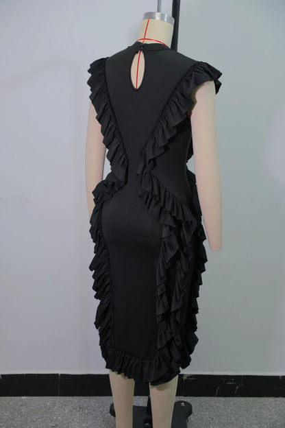 Elegant Women Summer Ruffles Dress Sleeveless Bodycon Round Neck Casual Vintage Slim Evening Party Club Midi Dresses