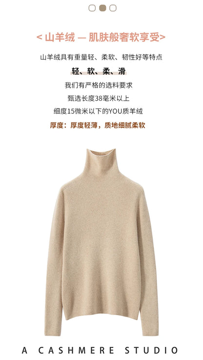 100% cashmere sweater women's knitted pullover sweater high neck solid color slim fit soft cashmere basic women's sweater
