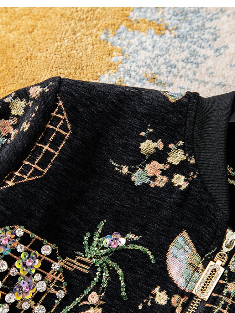 Luxury Beaded Black Jacquard Bomber Jacket Women Vintage Stand Collar Baseball Coat Elegant Embroidered Rhinestone Outerwear