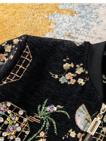 Luxury Beaded Black Jacquard Bomber Jacket Women Vintage Stand Collar Baseball Coat Elegant Embroidered Rhinestone Outerwear