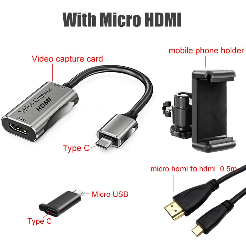 HDMI Adapter 4K Video Capture Card DSLR Video Camera Transmission Mobile Phone Screen Monitor Set for Vlog Youtuber Filmmaker