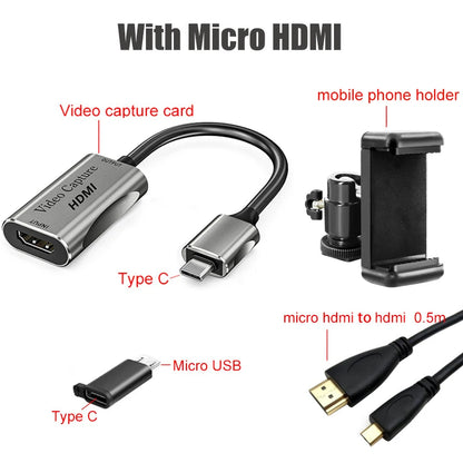 HDMI Adapter 4K Video Capture Card DSLR Video Camera Transmission Mobile Phone Screen Monitor Set for Vlog Youtuber Filmmaker