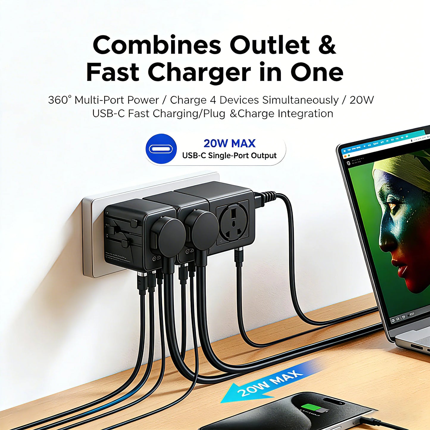 ORICO Universal Travel Adapter Worldwide All-in-One 20W GaN with AC Outlet USB A Type C Dual 10A Fuses Fast Charging EU US UK AU