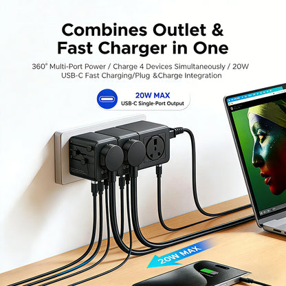 ORICO Universal Travel Adapter Worldwide All-in-One 20W GaN with AC Outlet USB A Type C Dual 10A Fuses Fast Charging EU US UK AU