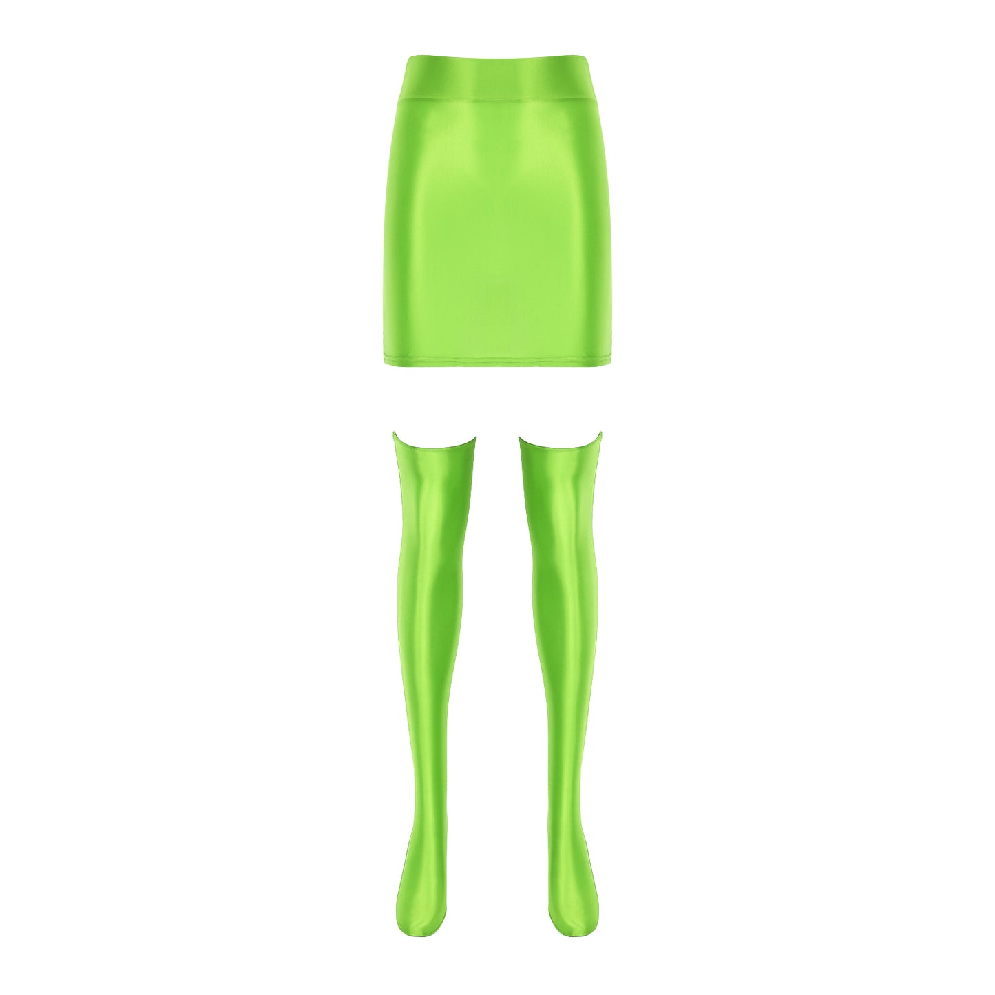 Womens Glossy Nightclub Outfit Shiny High Waist Mini Skirt with Stockings Set Rave Party Cheer Booty Workout Pole Dance Clubwear