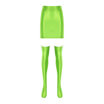 Womens Glossy Nightclub Outfit Shiny High Waist Mini Skirt with Stockings Set Rave Party Cheer Booty Workout Pole Dance Clubwear