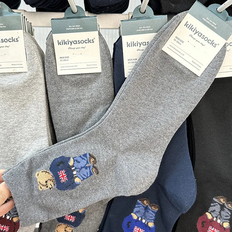 Polo Socks Men Gentleman Cotton Socks Bear Cartoon Bussiness Harajuku Skateboard Novelty Breathable Sox Designer Socks Size46-39