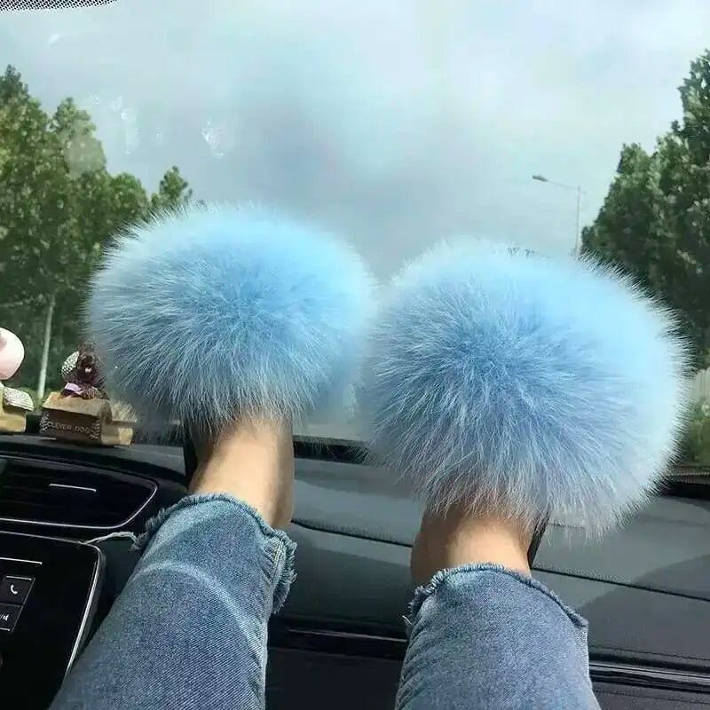 Fur Slippers Women Summer Fluffy Plush Casual Fluffy Flat Non-Slip Real Fox Fur Slides Outdoor Flat Ladies Sandals Flip Flops
