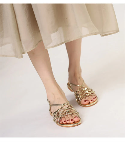 ZAROY Luxury Gold Gladiator Flat Sandals Woman Summer Narrow Band Open Toe Roman Shoes Casual Strap Sandalia Zapatos босон
