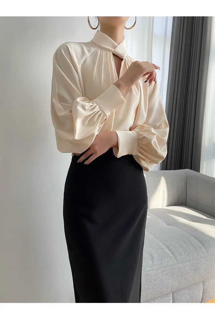 Office Lady Hollow Out Loose Shirt Tops Spring Autumn New Long Sleeve Elegant Solid Blouse Temperament Fashion Women Clothing