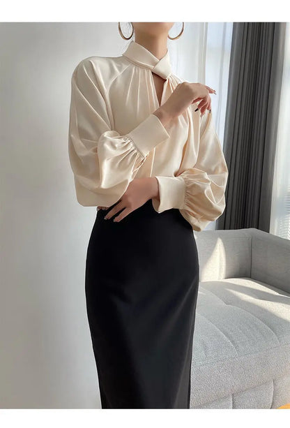 Office Lady Hollow Out Loose Shirt Tops Spring Autumn New Long Sleeve Elegant Solid Blouse Temperament Fashion Women Clothing