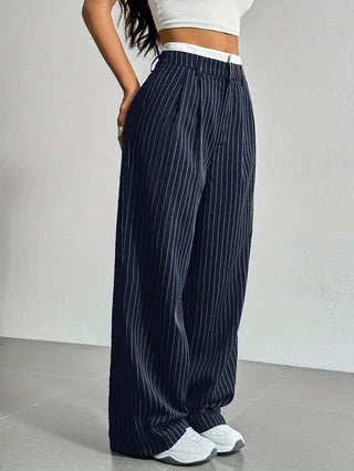 Fashion Pants Women's Stripe Straight Pants 2024 Autumn Winter High Waisted Casual Suit Pants Office Lady Women Trousers Bottoms