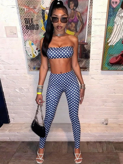 Sisterlinda Women Backless Tracksuit Dot Print Sexy 2 Piece Set Halter Tank Tops+Leggings Matching Streetwear Stretch Outfits