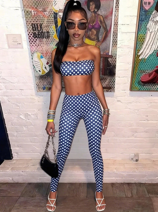 Sisterlinda Women Backless Tracksuit Dot Print Sexy 2 Piece Set Halter Tank Tops+Leggings Matching Streetwear Stretch Outfits