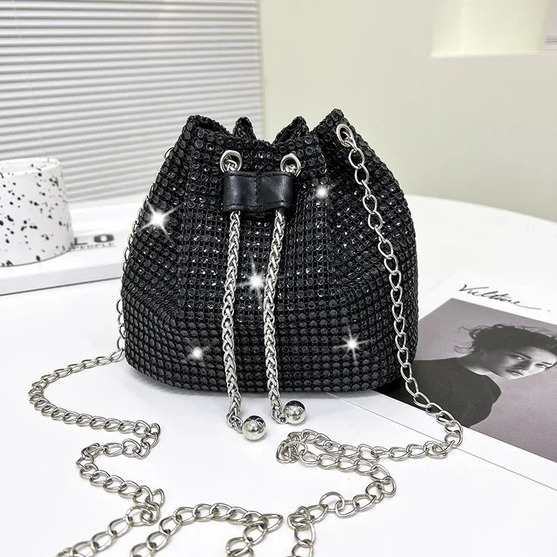 Sparkling Rhinestone Embellished Drawstring Crossbody Bag for Women Multi-Functional Bucket Purse with Detachable Chain Strap