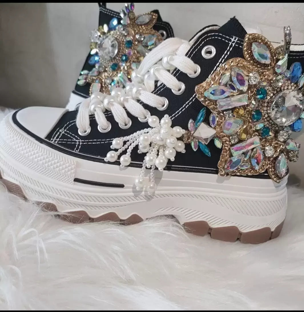 Thick-bottomed Canvas for Women Crystal Fringed High-top Platform Shoes Handmande Fashion 5cm High Heel  ADULT  Luxury Shoes