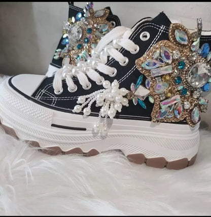 Thick-bottomed Canvas for Women Crystal Fringed High-top Platform Shoes Handmande Fashion 5cm High Heel  ADULT  Luxury Shoes