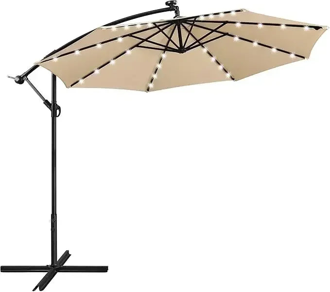 Solar Offset Umbrella with 10FT 32 LED Lights Cantilever Outdoor Umbrellas Handy Crank & Cross Base  for The Beach for Backyard