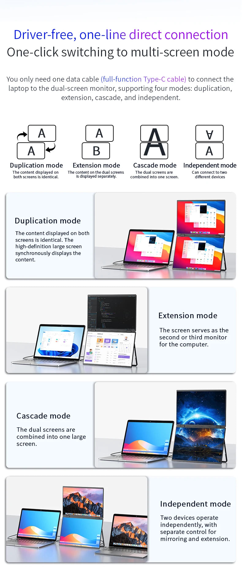Sibolan 16 inch 2.5K Dual Screen Portable Monitor 60Hz 100% sRGB HDMI USB-C Plug Metal Body Laptop Display Extender For Wins Mac