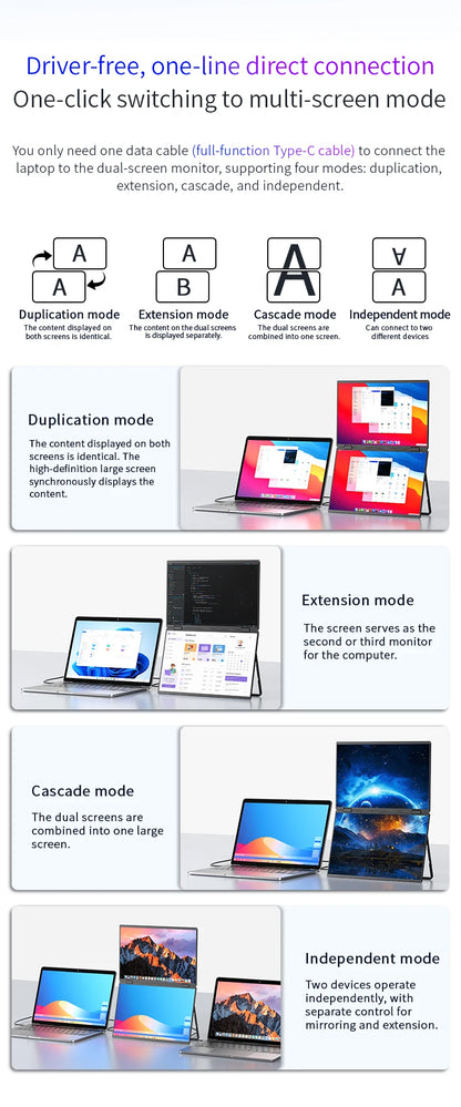 Sibolan 16 inch 2.5K Dual Screen Portable Monitor 60Hz 100% sRGB HDMI USB-C Plug Metal Body Laptop Display Extender For Wins Mac