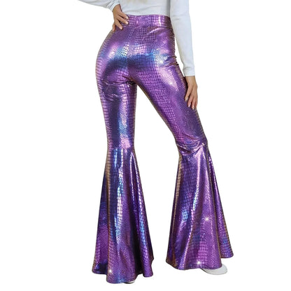 Sequin Women Flared Pants High Waist Shiny Disco Party Trousers Loose Fit Dance Club Stretchy Bell Bottom Wide Leg Trousers New