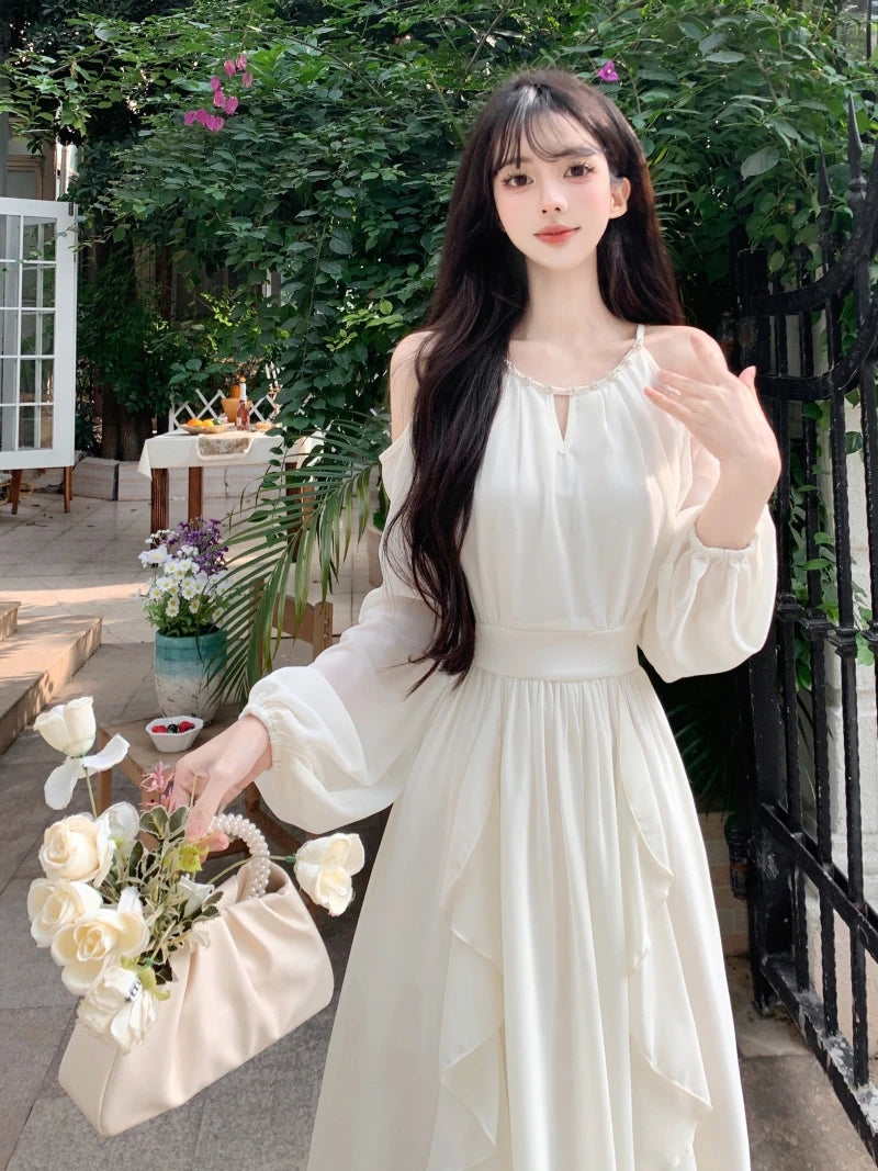 Off Shoulder Dresses for Women Long Sleeve Thin Spring Summer A-line Elegant Ins Girls Casual Solid Minimalist Fitness Beauty