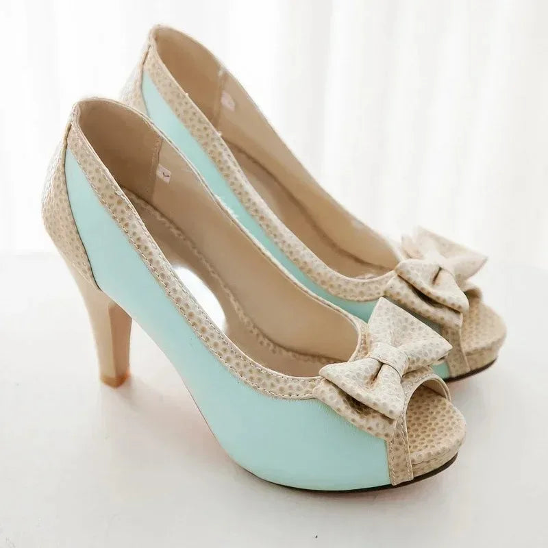 Women's Pumps Shoes High Heels Dress Pump Peep Toe Sweet Bowtie Nude Blue Working Party Wedding Shoes Female 2025 Spring