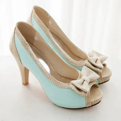 Women's Pumps Shoes High Heels Dress Pump Peep Toe Sweet Bowtie Nude Blue Working Party Wedding Shoes Female 2025 Spring