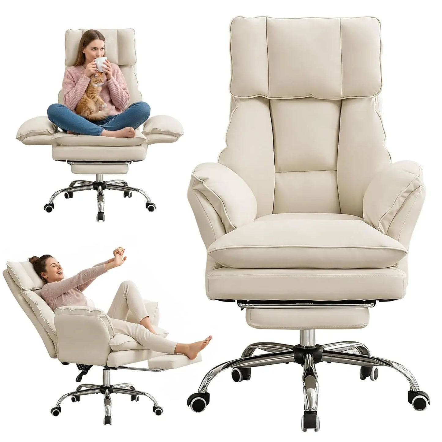 Ergonomic Cloud Cross Legged Office Chair with Footrest,Leather Big and Tall Executive Chair with Wheels,Reversible, Customized