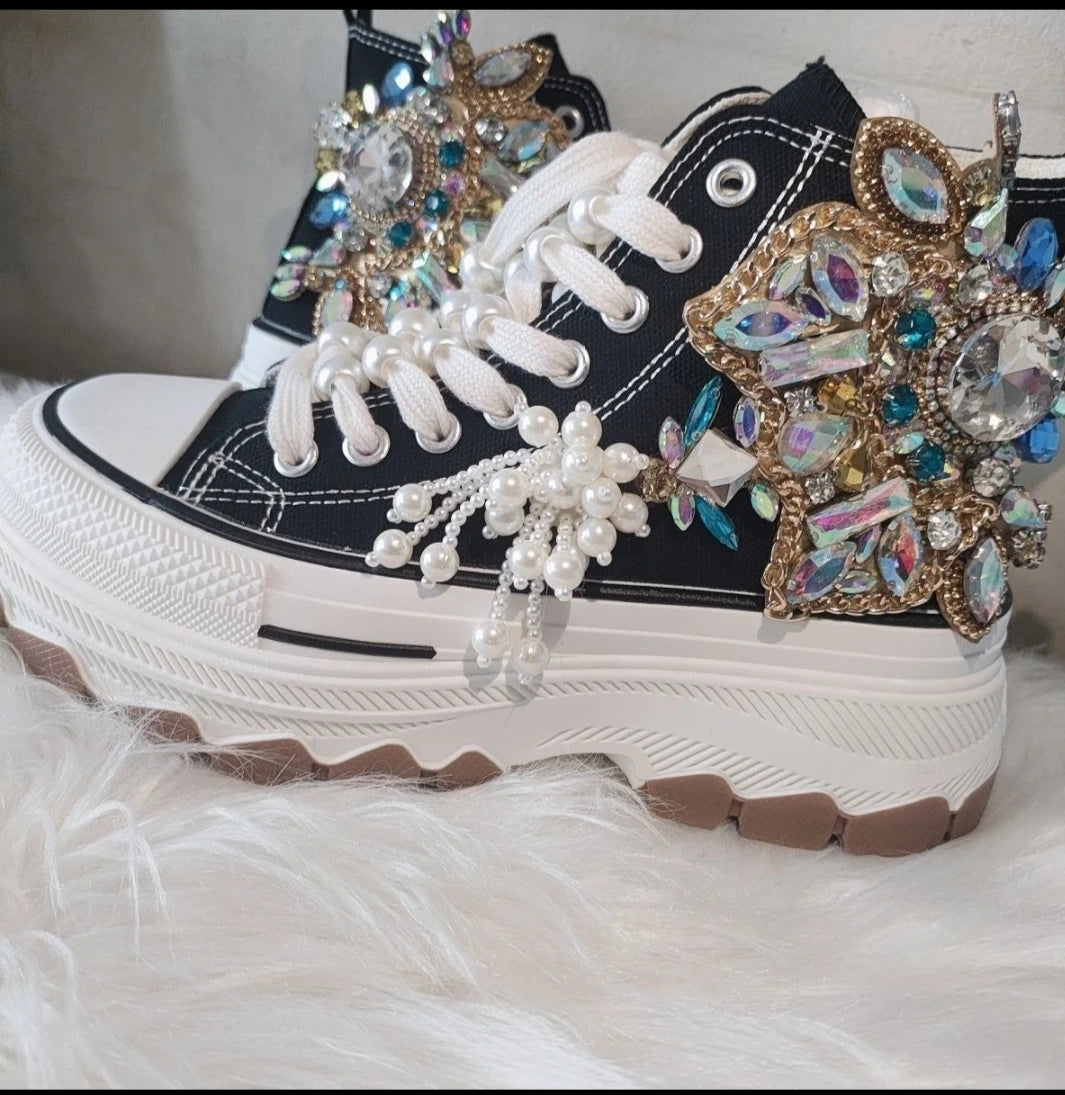 Thick-bottomed Canvas for Women Crystal Fringed High-top Platform Shoes Handmande Fashion 5cm High Heel  ADULT  Luxury Shoes