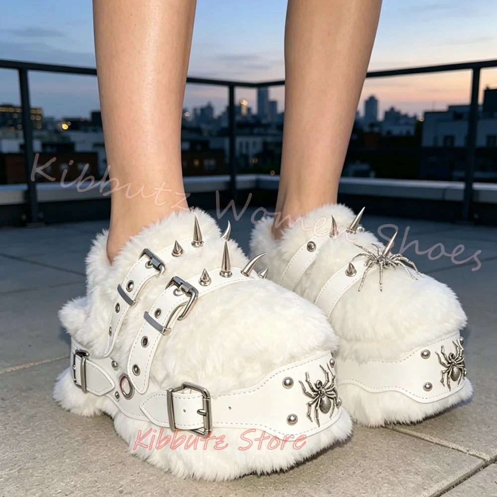 Furry Sandals Platform Rock Novelty Round Toe Thick Bottom Spicy Girl Shoes Punk Rivets Slipper Fashion Luxury Elegant Concise