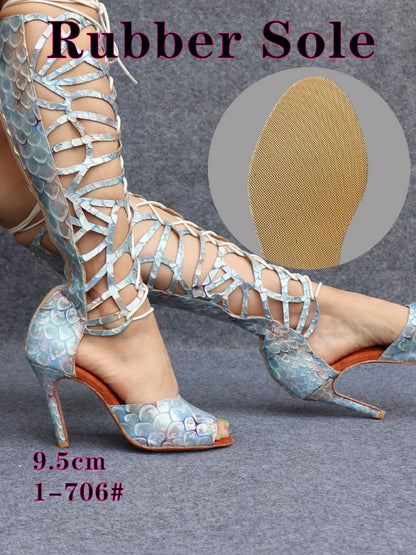 Ladingwu High-end Custom Material Fish Scale Texture Women Dance Shoes Sexy Pole Dance Boots Ladies Wedding Ballroom Shoes