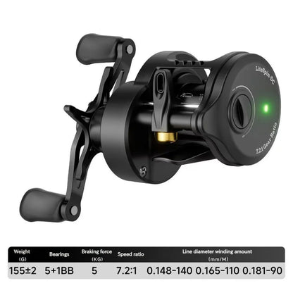 Smart DC Electronic Brake Drum Reel Anti Backlash Micro Lure Long Cast With Sound Alert 7.2:1 Gear Ratio 5kg Drag 5+1 Bearings